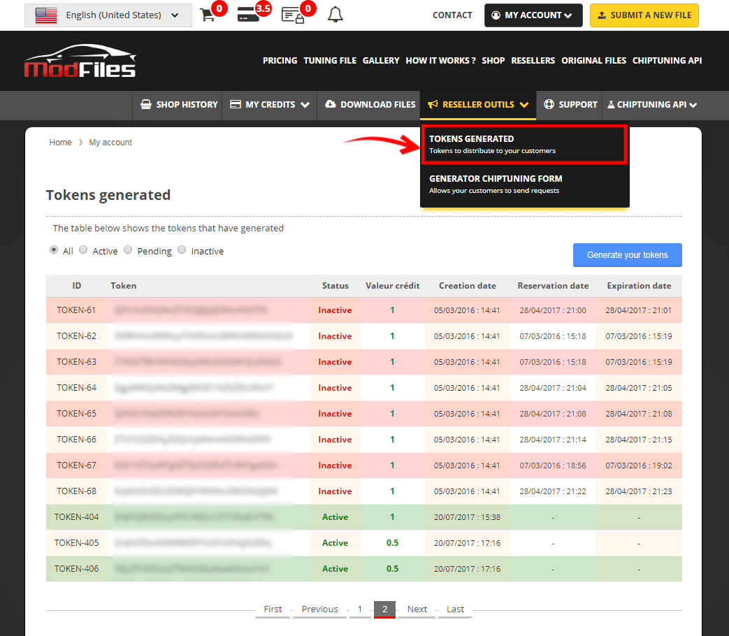 mod-files tuning files - resellers - generated tokens